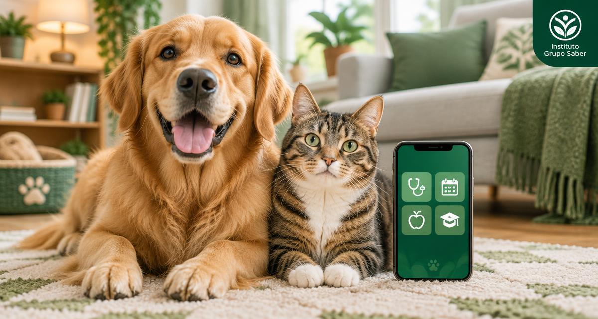 Un perro y un gato junto a un celular que representa la aplicación Pet 360